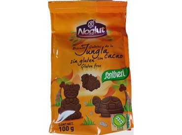 Biscuits Jungla avec cacao, sans gluten Ingrédients: amidon de maïs, huile végétale (tournesol, olive) (7,7%), maltodextine de pomme 
						de terre, farine de maïs, gelifiant (phosphate de diamidon acetyle) isolat de proteine de soja, cacao en poudre (4,6%), chocolat (3,8%), (pate de cacao, beurre de cacao, 
						emulsifiant (lecithine de soja), arome, fibre d'argrumes, emulsifiant (lecithine de tournesol) arome, sel, poudre a lever (bicarbonate d'ammonium, bicarbonate de sodium), 
						antioxidant (extrait riche en tocopherols), acide folique (acide pteroylmonoglutamique). Peut contenir des fruits a coque et lait.