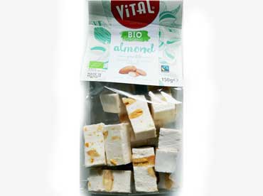 Vital bio nougat amandel 20100. Ingredienten: rietsuiker, glucosestroop, amandelen 25%, honing, ouwe (aardappelzetmeel, olijfolie) eiwit. Van gecontroleerde 
						biologische kwaliteit.