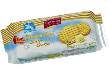 Butter cookies suikervrij 3100. Ingredienten: Tarwemeel, boter (21%), zoetstoffen (maltitol, isomalt, erythritol), inuline, heel ei, natuurlijke vanille aroma, zout, rijsmiddel (natriumbicarbonaat). Kan sporen van soja en noten bevatten.