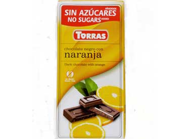 Donkere chocolade met sinaasappel N0533. Ingredienten: zoetmiddel (maltitol), cacaopasta, cacaoboter, inuline, magere cacaopoeder, 
						gevriesdroogde sinaasappel (3%), emulgator (sojalecithine), natuurlijke aroma sinaasappel en vanille.